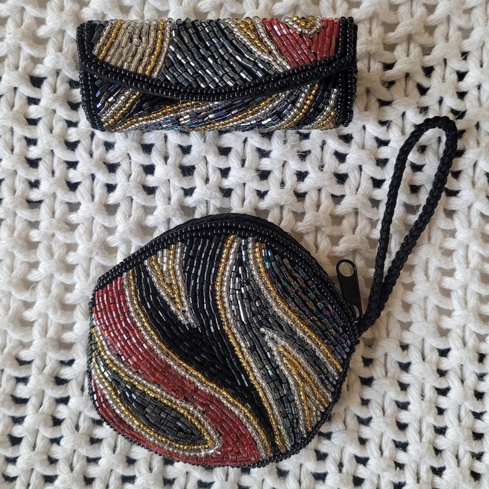 Vintage 80s Small Beaded Coin Purse/Pouch & Lipstick Case, Multicolor